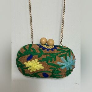 Embroidered Floral Cork Crossbody/Clutch Bag in Brown and Green